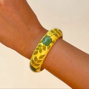 Yellow Wooden Bracelet with Green Flowers